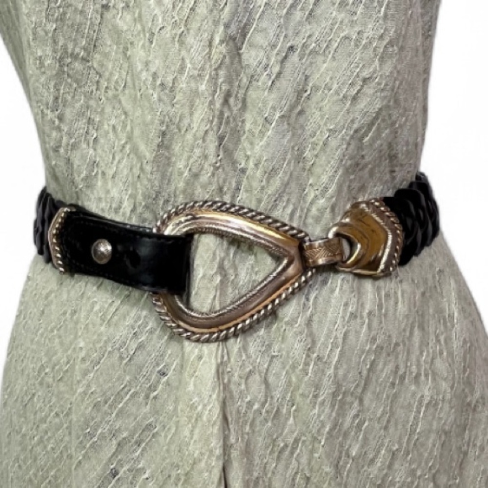 Vintage 1995 Chunky Buckle Two-tone Braided Leather Belt Medium Black